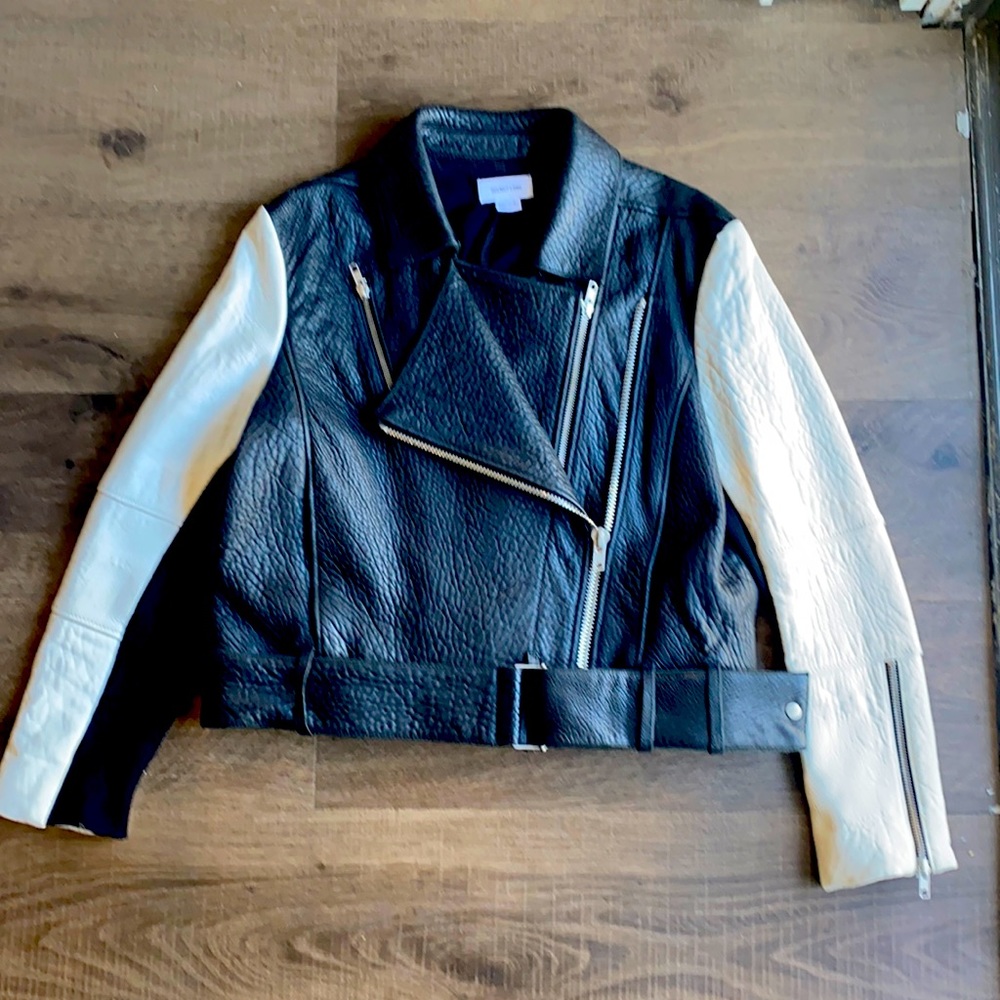 Helmut Lang Black and Cream Moto Leather Jacket w/ silver zippers. Size- Large